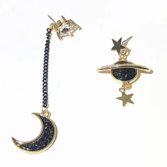 DESIGNER CELESTIAL GUNMETAL/GOLD CRYSTAL STAR/MOON/SATURN MISMATCH EARRINGS**NEW - Picture 3 of 4